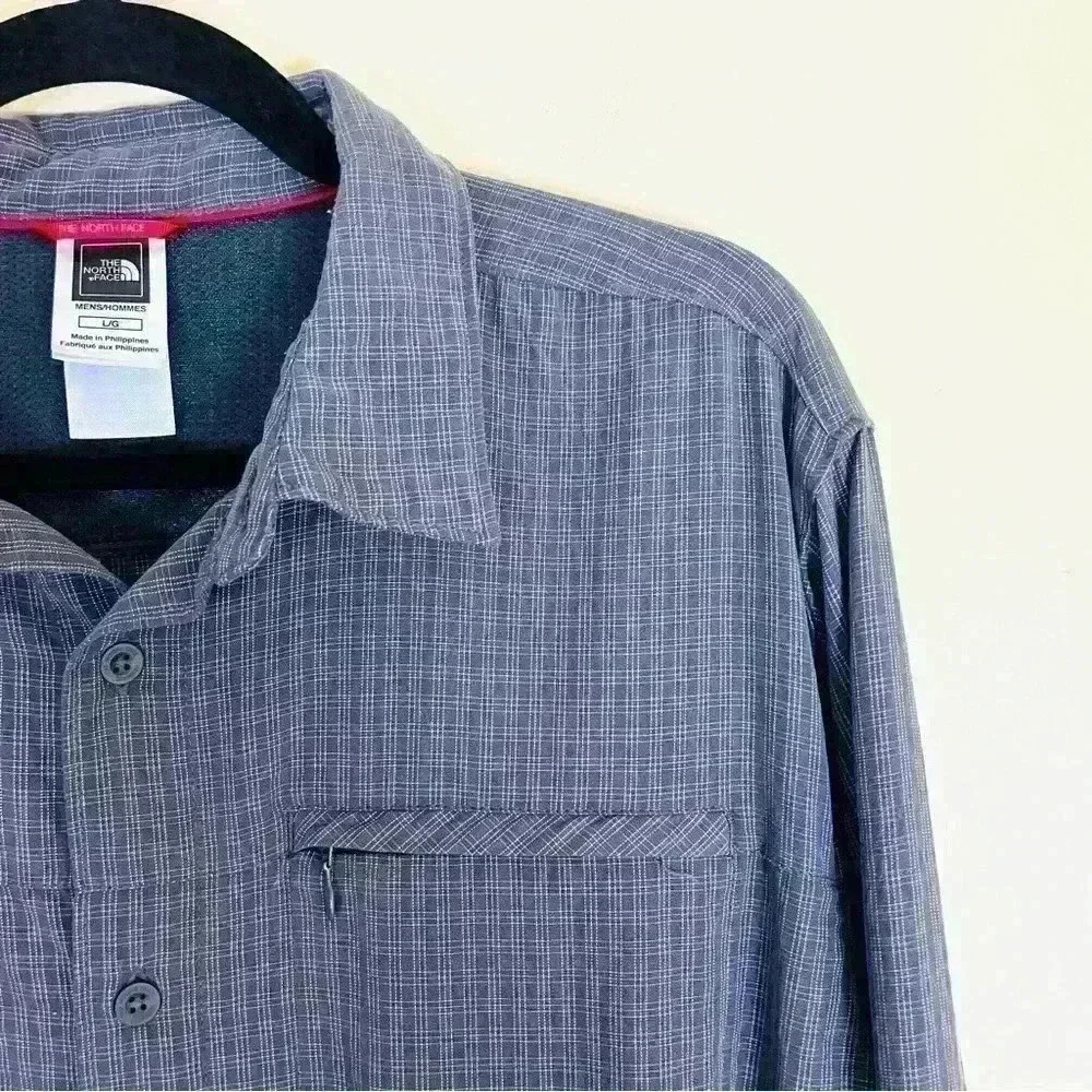 The North Face Gray‎ Plaid Outdoor Fishing Hiking Zip Pocket Button Shirt Size L